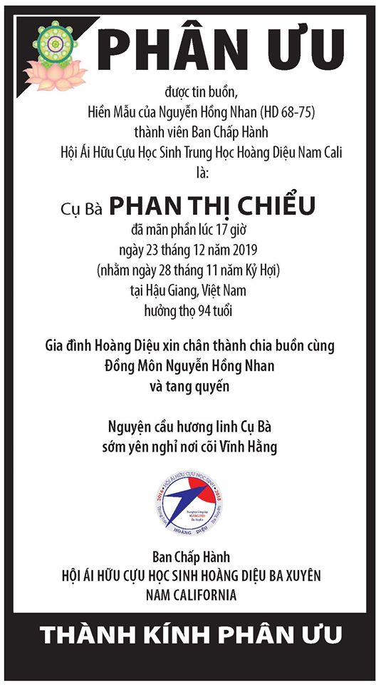 Phân ưu cụ bà Phan Thị Chiểu